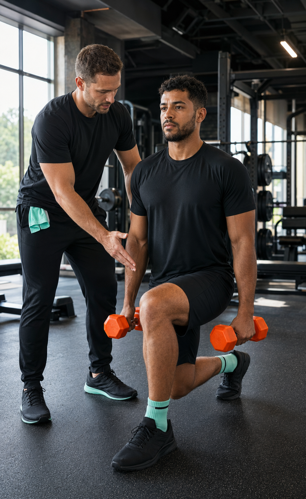 Trainer coaching a client through a controlled dumbbell split squat