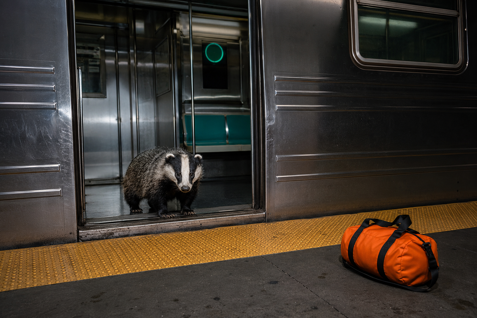 Badger standing fully visible in an open subway doorway beside an orange gym bag