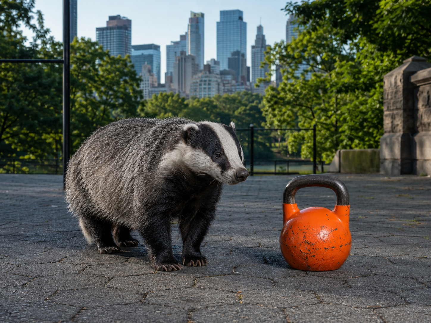 Badger beside an orange kettlebell in Central Park