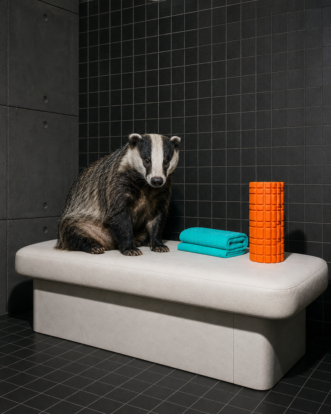 Badger in a recovery room beside fitness equipment