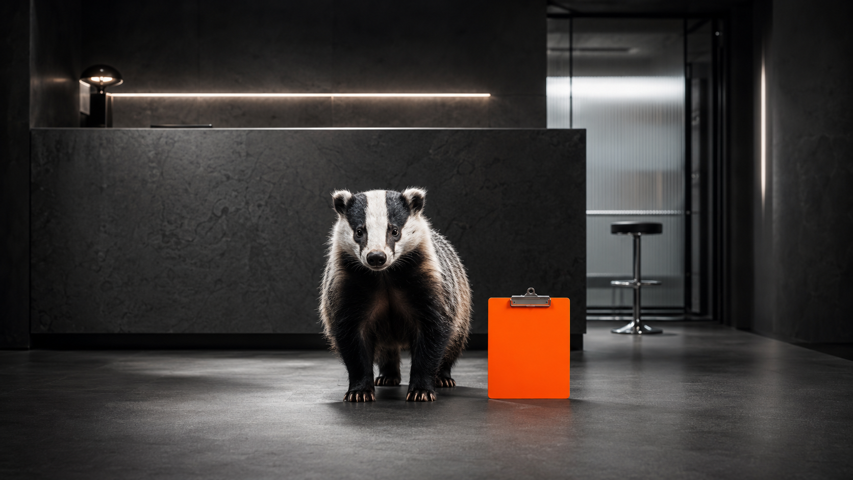 Badger standing fully in frame beside an orange consultation clipboard